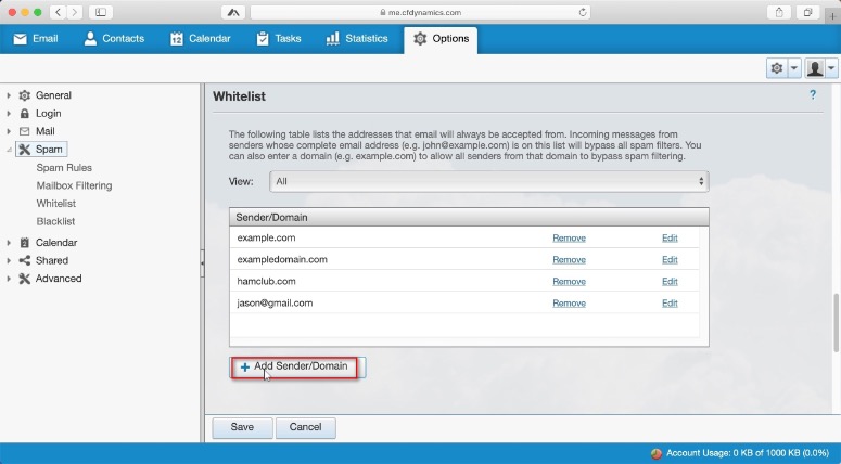 Adding spam rule exceptions Click on + Add Sender/Domain to manage your Whitelist.
