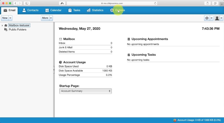 Options Select options to make changes to your account. You can access mail settings in the following ways:
1. Select Options from the top menu bar.
2. Select Mail Settings from the cog menu in the upper right.
3. Select Account Settings from the user account icon in the upper right.