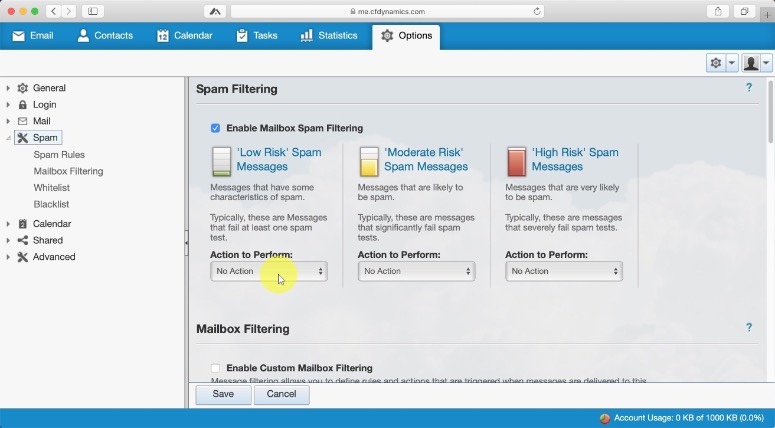 Adjust Spam filtering options Each spam filter setting can perform unique actions on incoming email.